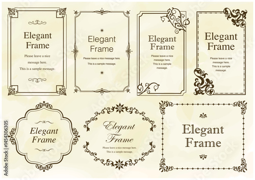 高級感のあるエレガンスなフレームセット、飾り罫、装飾デザイン、上品なあしらい、ブラウン
