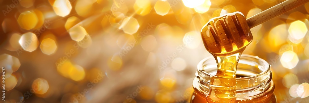 Golden honey dripping from a wooden dipper into a glass jar, against a warm, sparkling bokeh background. Sweet, natural food concept.
Golden honey dripping from a wooden dipper into a glass jar, against a warm, sparkling bokeh background. Sweet, natural food concept.