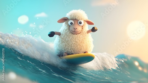 3D render of a cartoon sheep joyfully surfing a turquoise wave under a sunny sky.