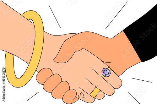 Handshake with rings as symbol of trust and connection. Fashion shopping deal