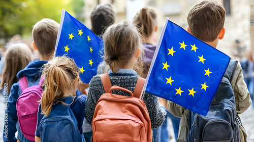 Children Waving European Union Flags at Public Event