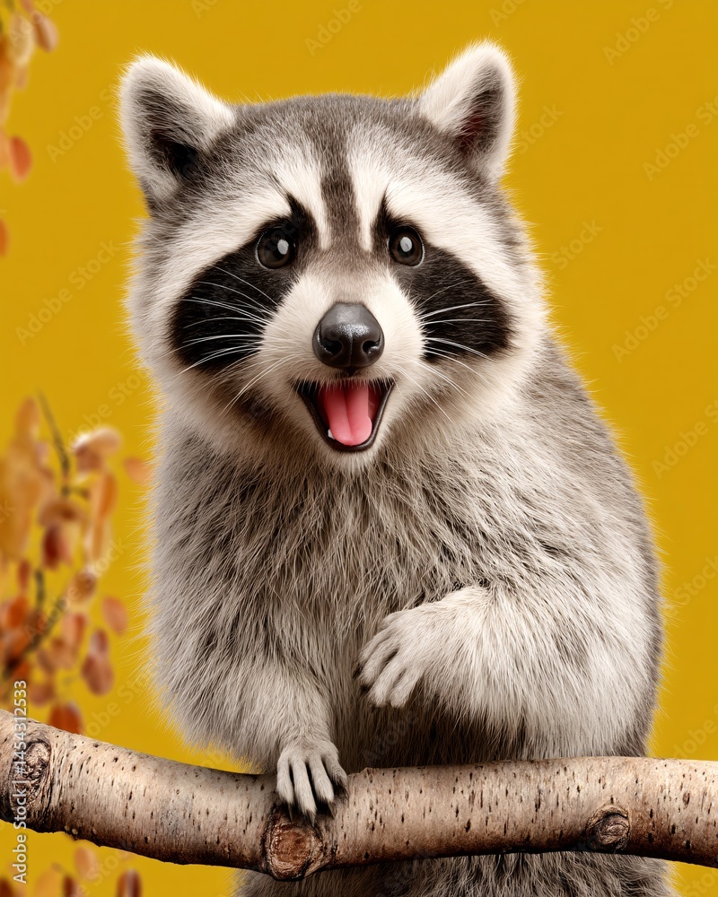 Fototapeta premium Playful raccoon perched on a branch with vibrant yellow background and autumn foliage accents