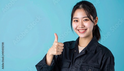 作業着を着た明るく清潔感のある20代の日本人女性、グッドサインスタジオ撮影風_サムズアップ