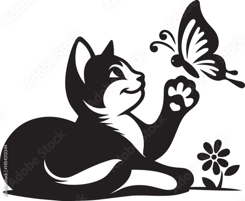 Black Kitten playing with Butterfly