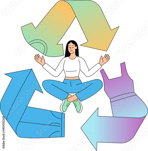 Woman meditating inside recycling symbol with sustainable fashion theme