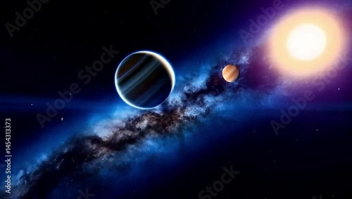 Realistic animation of solar system planets aligned from Mercury to Neptune, orbiting Moon near Earth, stars and nebula clouds in the background, asteroids flying across, Created with generative AI.