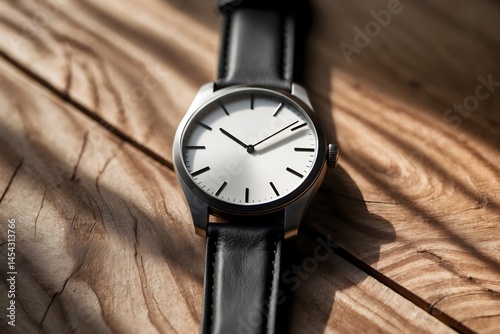 Wallpaper Mural A modern minimalist wrist watch with black strap sits on a textured wood surface, ideal for men's fashion and elegant product photography Torontodigital.ca
