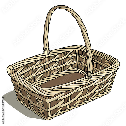 Empty Wicker Basket with Handle Isolated on White Background