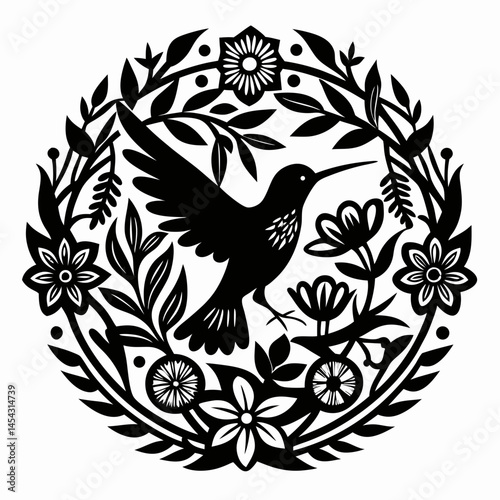 Hummingbird in Floral Wreath Black and White Illustration