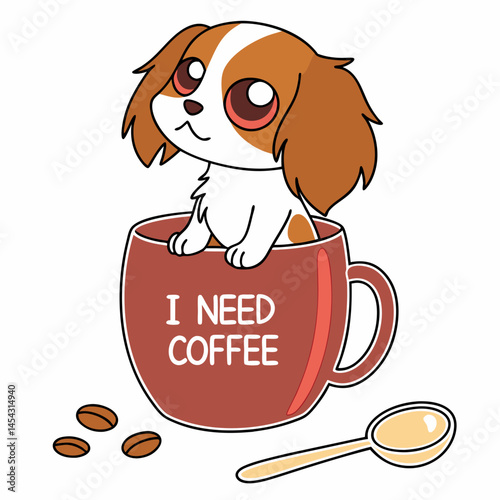 Adorable Cavalier King Charles Spaniel Puppy in Coffee Mug Illustration