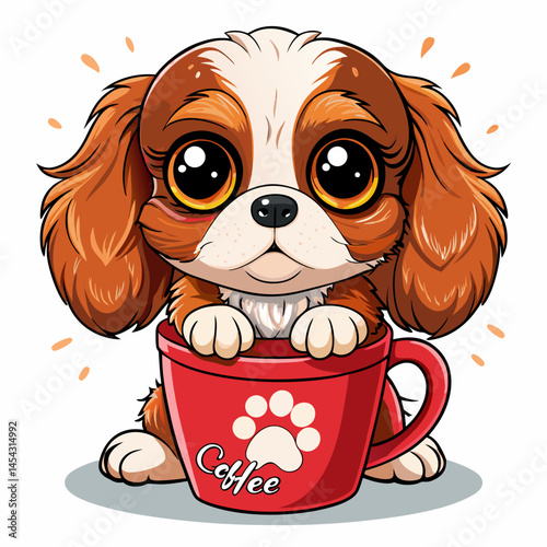 Adorable Cavalier King Charles Spaniel Puppy in a Coffee Mug