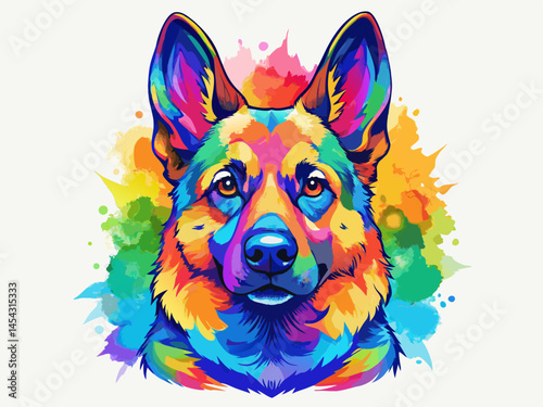 Vibrant Rainbow German Shepherd Dog Portrait Watercolor Style