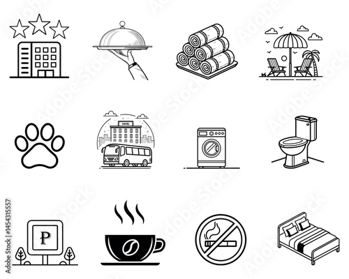 Set of service and facility icons including food, transport, and amenities
