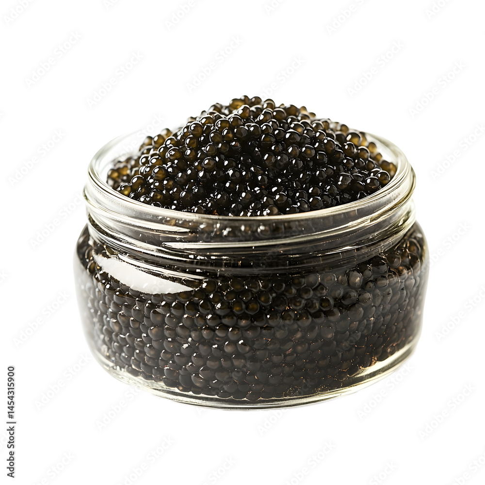 Closeup of black sturgeon caviar in a glass jar isolated on white background.