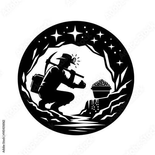 Lone Miner: A Black and White Silhouette of a Miner Extracting Gold in a Dark Cave