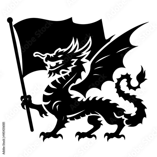Majestic Welsh Dragon with Flag: A Black and White Symbol of Power and Heritage