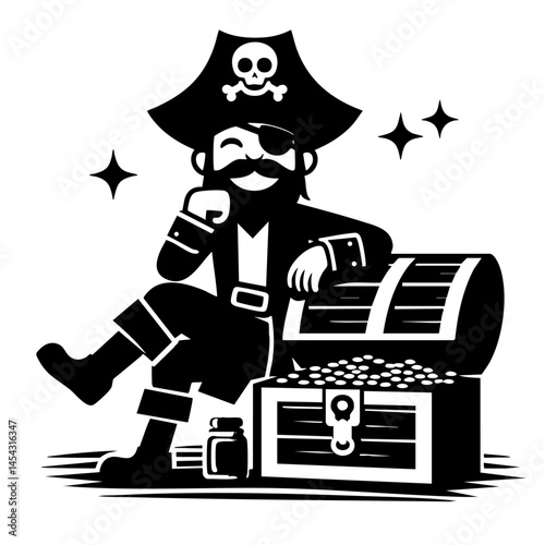 Jolly Roger Pirate with Treasure Chest: A Black and White Graphic