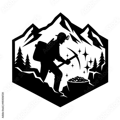 Lone Miner in Mountain: Black and White Mining Illustration