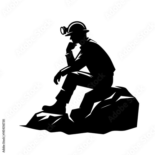Contemplative Miner: A Black and White Silhouette of a Coal Miner Seated on a Rock