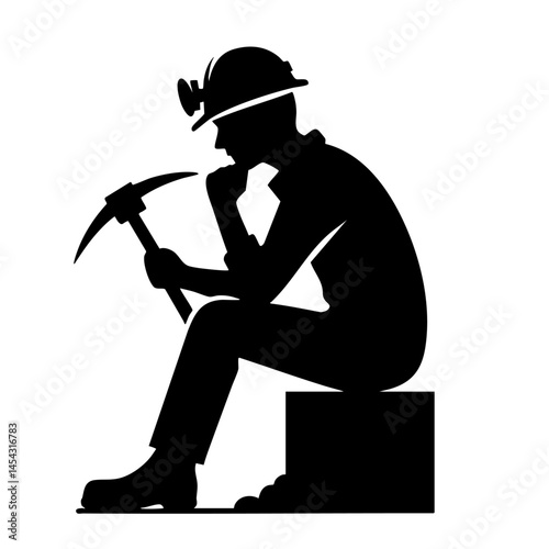 Contemplative Miner: A Black and White Silhouette of a Thoughtful Mining Worker