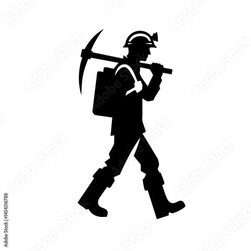 Silhouette of a Miner Walking with Pickaxe: Industry Icon