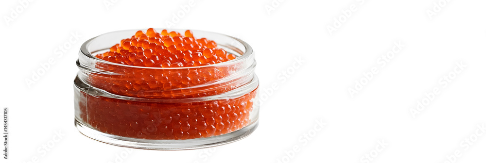 Glass jar with red caviar on white
