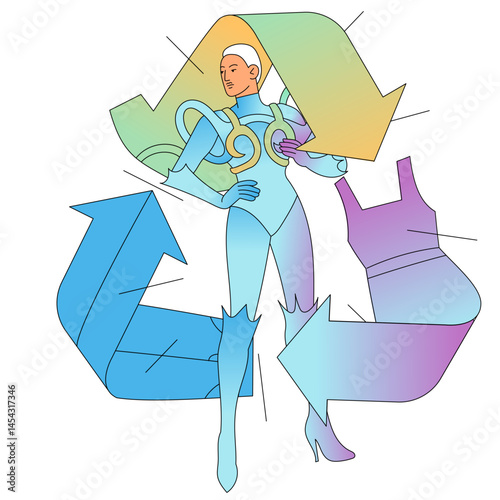 Futuristic fashion figure with recycling arrows and sustainable theme