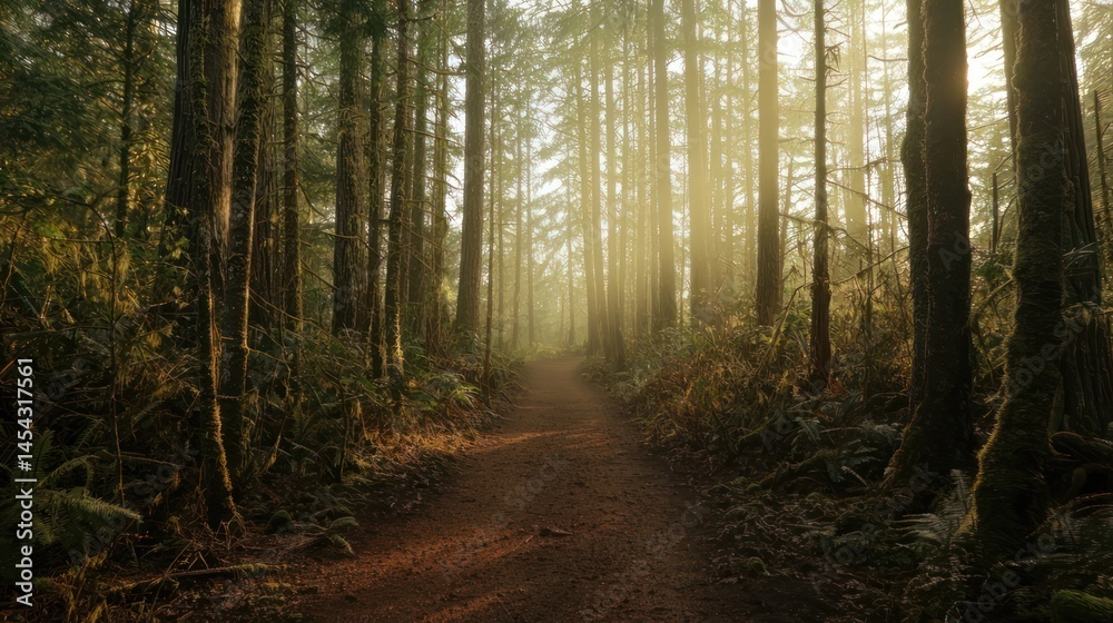 Fototapeta premium Forest path surrounded by tall trees, fog lifting, golden sunshine streaming through the branches