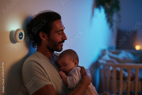 Father soothing his baby, illuminated by smart parenting technology