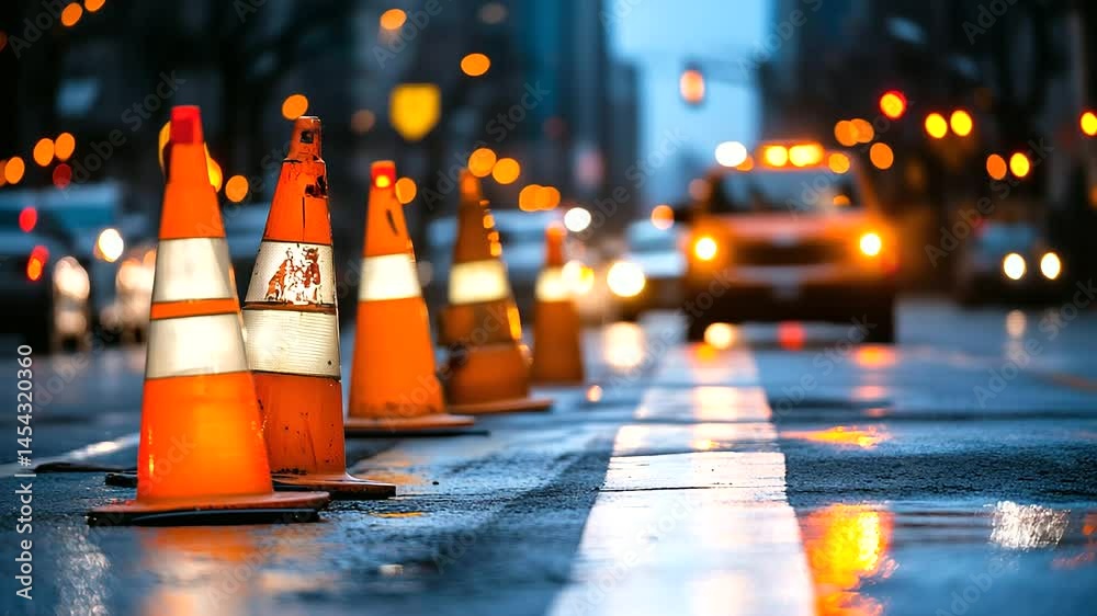 custom made wallpaper toronto digitalA detailed image of traffic cones marking a city street under construction, where safety signs and bright lights indicate restricted areas and protect commuters.