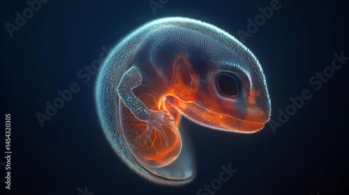 Embryo Of Reptile With Glowing Orange Body In Dark Background photo