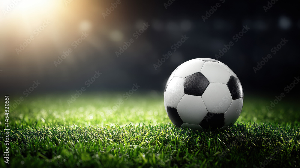 Fototapeta premium A classic black and white soccer ball rests on a vibrant green field under the bright stadium lights, ready for an exciting game of football to begin now at dusk.