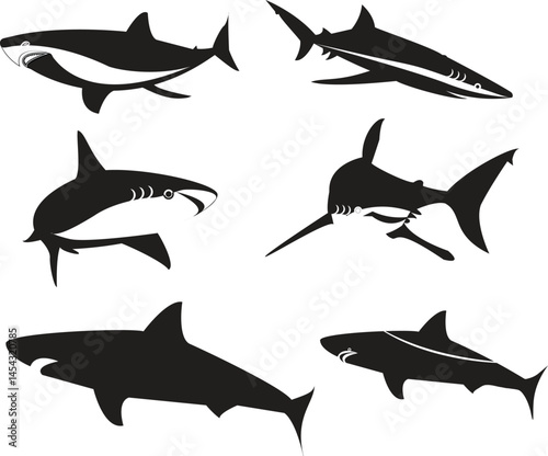 Shark symbols in black. Set. Vector against a gray backdrop. Illustration and Art