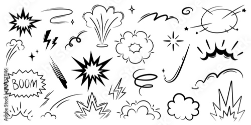 Comic boom burst, explosive smoke. speed line cartoon vector icon. Cartoon effect, boom explosive motion line element set.