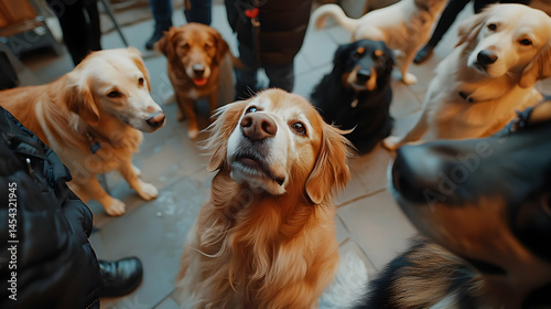 Group Of Golden Retrievers And Other Dogs Looking Up