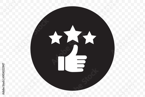 Customer review rating with 5 stars and thumb up feedback. Five star rating badge, review rating icon. EPS 10