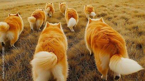 Group Of Fluffy Orange And White Dogs Running In A Field
