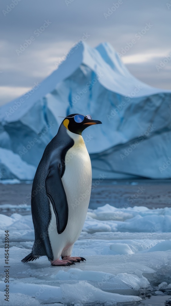 Obraz premium Model penguin in sunglasses posed on icy water in surreal arctic landscape