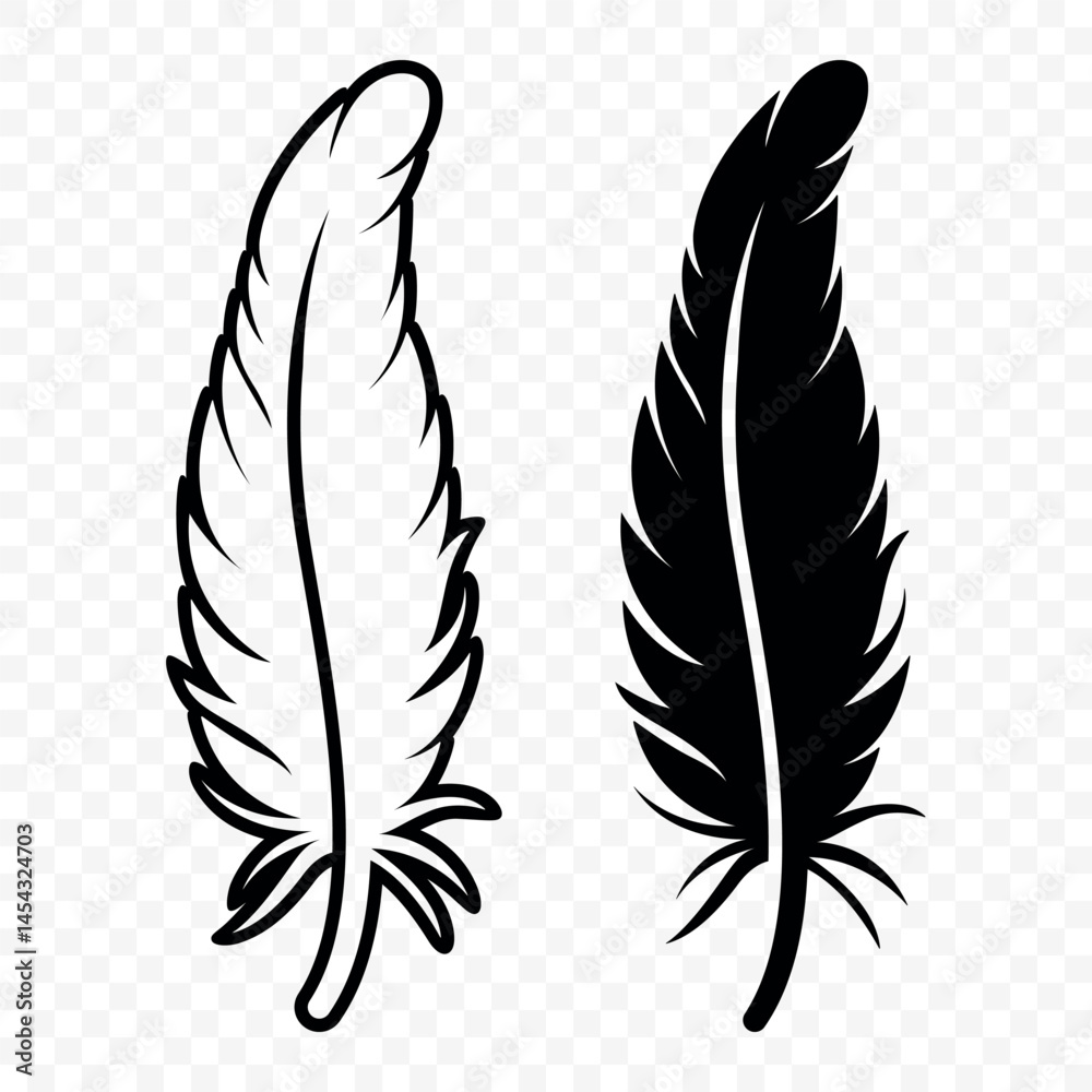 Obraz premium Vector Black and White Fluffy Feather Logo Icons. Silhouette Feather Set Closeup Isolated. Design Template of Flamingo, Angel, Bird Feather. Lightness and Freedom Concept