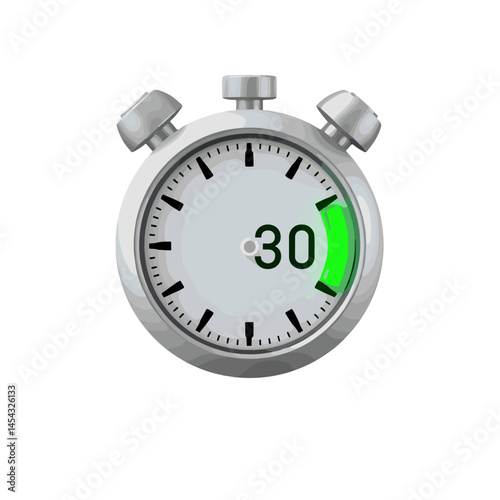 Silver stopwatch with a green indicator on a white background