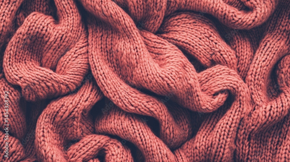 Fototapeta premium Coral knitted fabric texture, crumpled, close-up, with a dark background