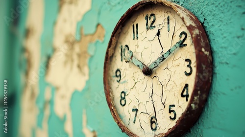 Wallpaper Mural Old wall clock showing time on cracked turquoise background in an abandoned building Torontodigital.ca