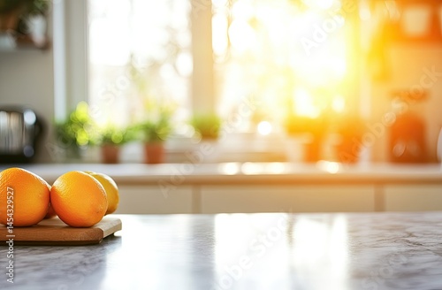 Kitchen countertop with fruits and sunlight photo