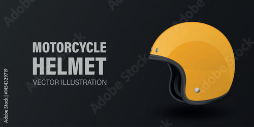 Vector 3D Realistic Yellow Classic Vintage Open-Face Motorbike Helmet. Glossy Motorcycle Helmet Design Template for Mockup. Front View. Motorcycle Helmet Icon, Closeup, Isolated