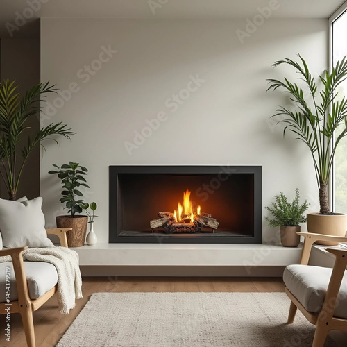 Scandinavian Interior with Fireplace and Warm Tones, Generate AI