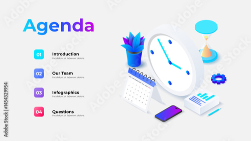 Isometric illustration of agenda template featuring a clock, decorative elements, and infographics. Useful for business presentations, time management concepts, and professional planning layouts