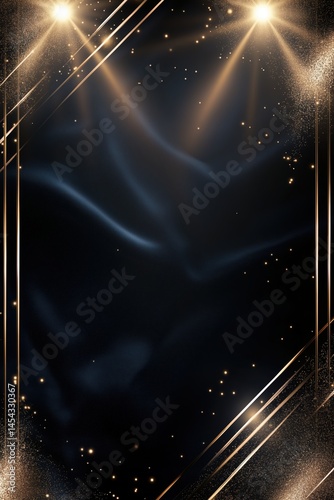 Dark luxury background with glowing spotlights and sparkling golden confetti