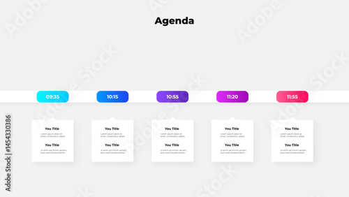 Agenda timeline illustration featuring a minimalist design, time slots, and placeholders for event titles and details. Ideal for business scheduling, presentations, or time management planning