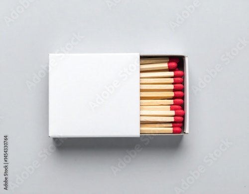 Minimalist white matchbox mockup with red match heads, top view, isolated on gray background, photorealistic branding template for fire, safety, or packaging design