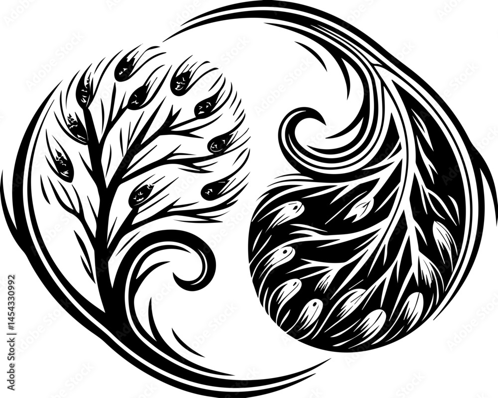 SVG vector illustrating reef rehabilitation and marine ecosystem restoration. Elegant yin yang design with abstract tree and roots illustration SVG vector illustrating reef rehabilitation and marine ecosystem restoration. Elegant yin yang design with abstract tree and roots illustration